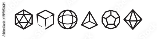 Vector icons of various 3D geometric shapes in a minimalist thin line style, including a sphere, cube, icosahedron, tetrahedron, octahedron, and a diamond.
