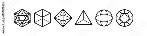 Vector icons of various 3D geometric shapes in a minimalist thin line style, including a sphere, cube, icosahedron, tetrahedron, octahedron, and a diamond.