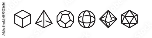 Vector icons of various 3D geometric shapes in a minimalist thin line style, including a sphere, cube, icosahedron, tetrahedron, octahedron, and a diamond.