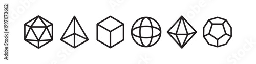 Vector icons of various 3D geometric shapes in a minimalist thin line style, including a sphere, cube, icosahedron, tetrahedron, octahedron, and a diamond.
