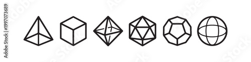 Vector icons of various 3D geometric shapes in a minimalist thin line style, including a sphere, cube, icosahedron, tetrahedron, octahedron, and a diamond.