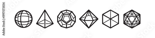 Vector icons of various 3D geometric shapes in a minimalist thin line style, including a sphere, cube, icosahedron, tetrahedron, octahedron, and a diamond.