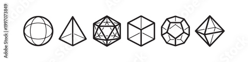 Vector icons of various 3D geometric shapes in a minimalist thin line style, including a sphere, cube, icosahedron, tetrahedron, octahedron, and a diamond.