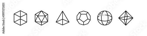 Vector icons of various 3D geometric shapes in a minimalist thin line style, including a sphere, cube, icosahedron, tetrahedron, octahedron, and a diamond.