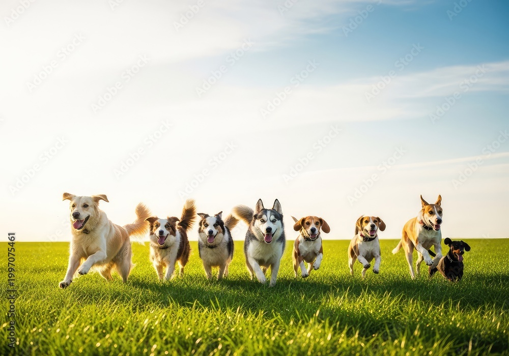 Fototapeta premium A diverse pack of playful dogs racing across a lush green meadow under a bright sky, showing joy and freedom in a natural outdoor setting, canine, agility, vitality