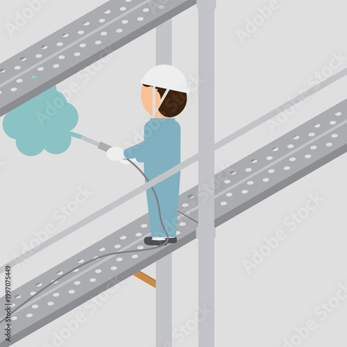 アイソメトリックな修繕で外壁に高圧洗浄機で洗浄を行っている作業員のイメージイラスト
