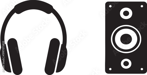 Black and white of over-ear headphones and a rectangular audio speaker