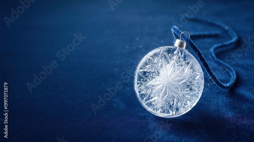 Ice Christmas ornament resting on blue background with cord and clean copy space, striking studio concept for winter ads and design.