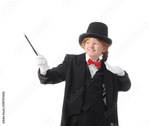 Fotografía Young magician showing magic trick on white background