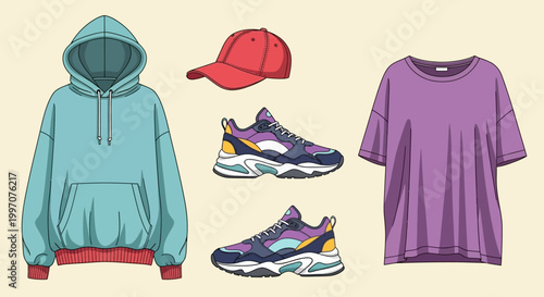 Colorful clothing and sport shoes.