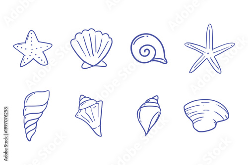 Cute coastal beach seashell doodle outline hand drawn style design. Vector