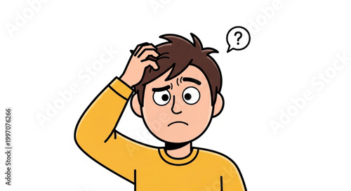 Confused young man scratching his head with a question mark symbol.