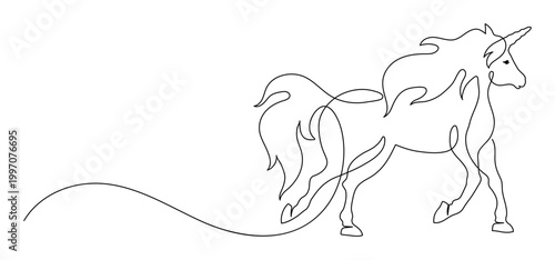 Unicorn running. Continuous line drawing.