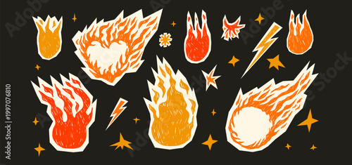 Fire flame paper cutouts doodles, heart and circle text box in crayon. Hand-drawn bonfire with grunge textures. Funky promo stickers. Vector rock flames frames and hot sale borders isolated with star.