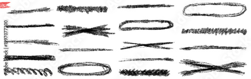 Doodle highlight and line shapes with kid stroke brush marks on white. Pencil texture underline and drawn crayon elements in black. Rough vector scribble set with bold highlight oval accents isolated.