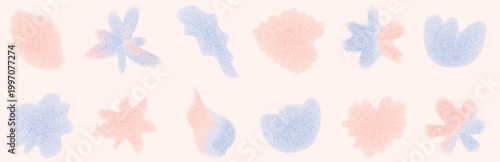 Blue and red water garden flower and leaves grain gradient shapes. Gentle florals with soft blurry pastel colors. Organic noise trendy icons for y2k design. Vector grainy wildflowers forms on beige bg