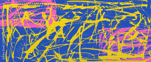 Grungy melted paint textured with hand-drawn brush strokes pattern. Neon halftone sporty overlay, rough grain effect, abstract squiggle uneven rough lines for posters. Vector urban street wall bg.