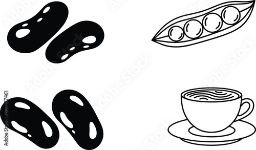Beans and peas food icons with coffee cup minimal black silhouette and outline vector illustration set isolated on background