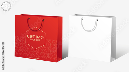 Luxury Red Paper Gift Bag Mockup Set - Realistic White and Gold Patterned Shopping Bag