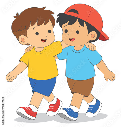 Kids walking together with arms around shoulders, friendship concept