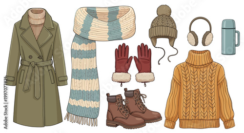 Winter clothing and accessories arrangement.
