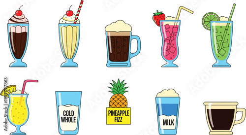 Milkshake and Smoothie Vector Set Featuring Ice Cream Floats, Milkshakes, Pineapple Fizz, and Refreshing Beverages for Fun Drink Illustrations