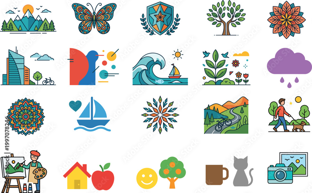 Fototapeta premium icons, nature, lifestyle, abstract, creative, flat, vector, illustration, colorful, modern, design, eco, travel, outdoor, elements, collection, set, graphic, minimal, trendy