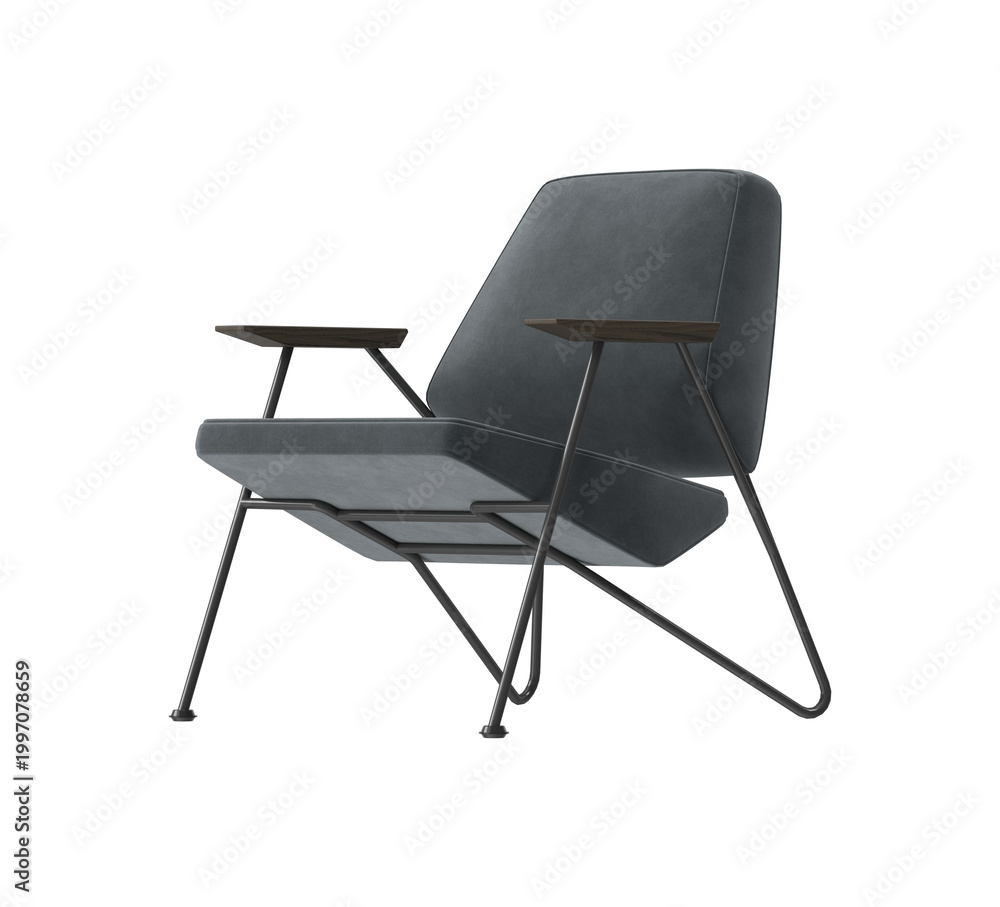 Fototapeta premium Mid-Century Modern Lounge Chair with Black Metal Frame and Gray Upholstery, Three Quarter View on White Background