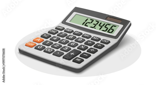 Calculator with digital display screen.