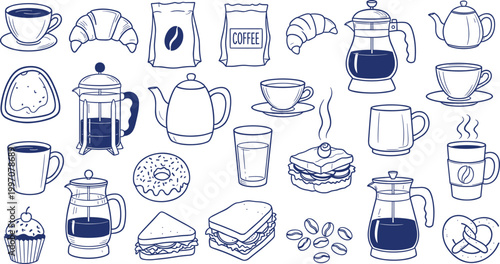 Coffee shop breakfast collection with line art icons of croissants sandwiches french press and coffee beans cad drawing flat vector illustration
