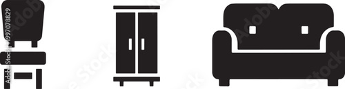 Set of black furniture featuring a dining chair, a two-door wardrobe cabinet, and a comfortable two-seater sofa silhouette
