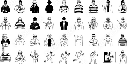 Photography Hand-drawn collection of criminal and law enforcement characters, including robbers, burglars, detectives, police, and crime scenes