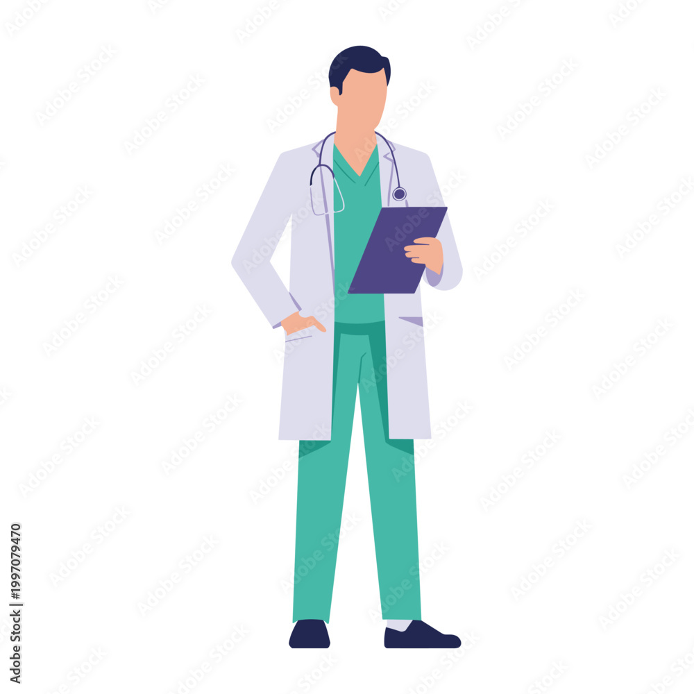 Fototapeta premium Doctor wearing a white laboratory coat and green scrubs holds a medical chart while standing in a neutral position to represent healthcare professionals providing patient care and diagnostics.