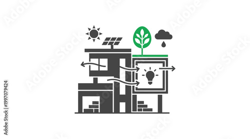 Smart city buildings with solar energy, ventilation, and sustainable environmental initiatives, urban ecology concept, isolated white background.