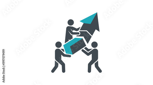 People collaborating to build and push a large upward arrow, symbolizing teamwork and business growth, isolated white background.