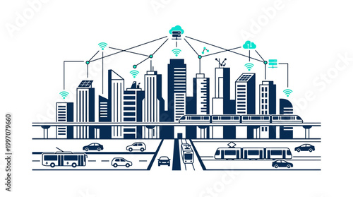 Advanced smart city illustration with dark blue modern buildings, integrated public transportation, and a vast central digital network on an isolated white background.