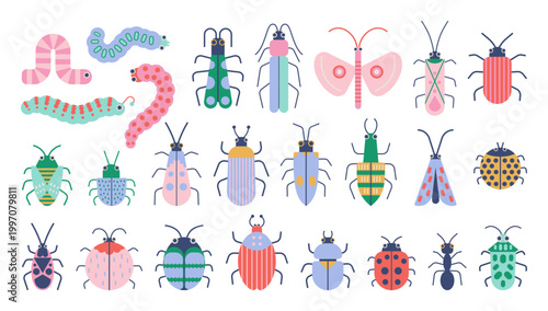 Cute insect bug flat vector illustration. Butterfly, caterpillar, ant character set. Minimal nursery kids doodle sticker and print. Colorful forest creature isolated top view for summer design.