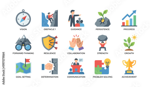 Leadership and personal growth icons displayed on white background