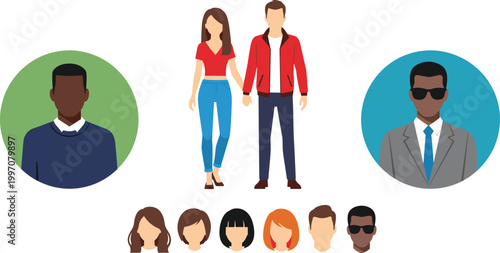 Diverse people avatar set with male and female characters different hairstyles and professions flat vector illustration collection isolated on background