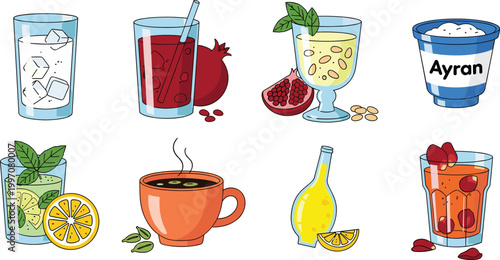 Refreshing Beverage Vector Set Featuring Lemonade, Ayran, Pomegranate Juice, and Iced Teas for Healthy Drink Illustrations