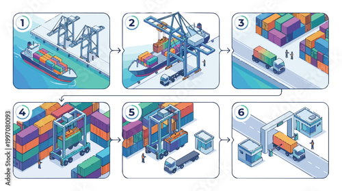 Isometric infographic showing the six steps of container shipping logistics process from ship unloading at the port to truck transport through the security gate for global trade and industry