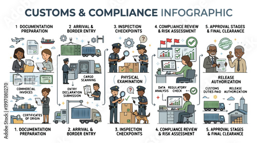 Customs and compliance infographic showing the step by step process of international shipping industry from documentation preparation to final clearance with professional workers
