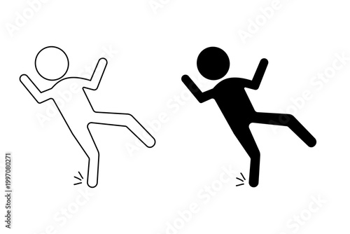 Slip and fall accident icon set, person slipping on wet floor.