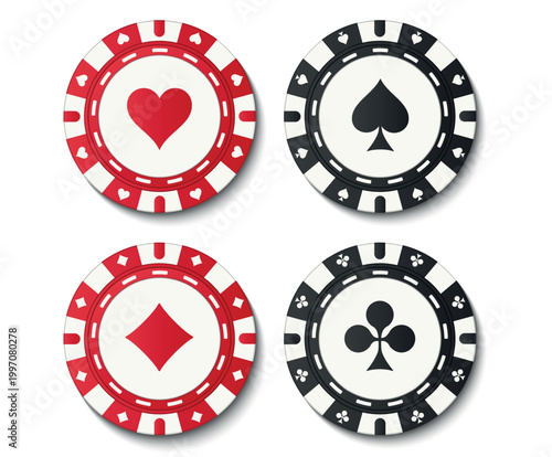 Set of four casino chips with card suit symbols.