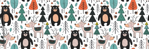 Funny cartoon animal vector set featuring an abstract seamless pattern with geometric shapes and dots for a festive Christmas holiday celebration and party decoration illustration