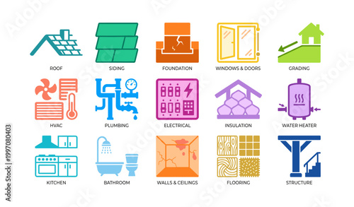 Home repair icons representing building systems on white background