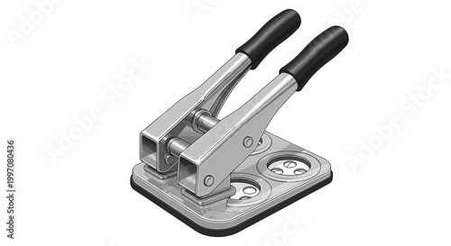 Metal burger press with black handles.