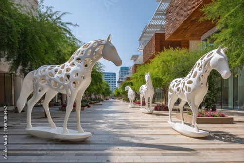 Modern white horse sculptures in urban plaza