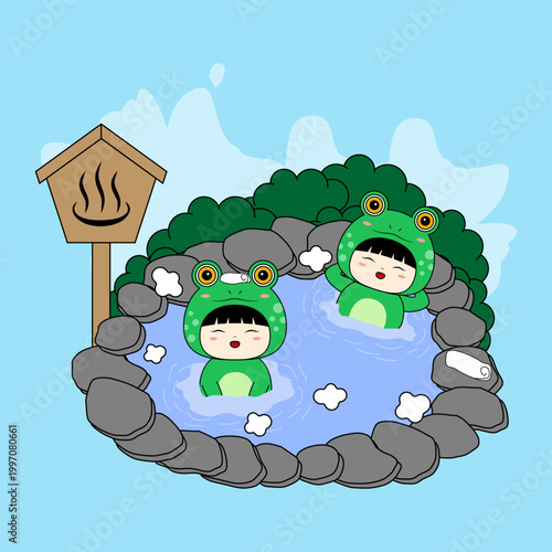 cute cartoon frog characters relaxing in a traditional Japanese outdoor hot spring or onse. Vector Illustration. EPS 10.