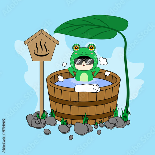 cute cartoon frog characters relaxing in a traditional Japanese outdoor hot spring or onse. Vector Illustration. EPS 10.